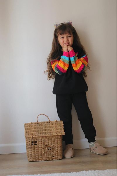 Zuzu Black Girl's Set with Heart and Colorful Ajorlu Sleeve Detail