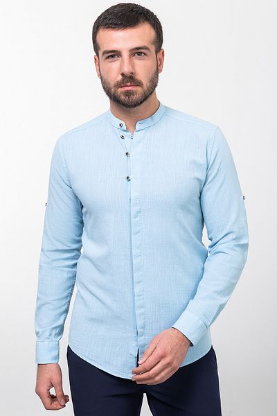 Mcr Patterned Slim Fit Judge Collar Long Sleeve Linen Men's Shirt Blue - 37780.23Y