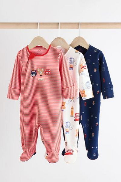Next Baby 100% Cotton Red Blue London Patterned 3-Piece Overalls Set