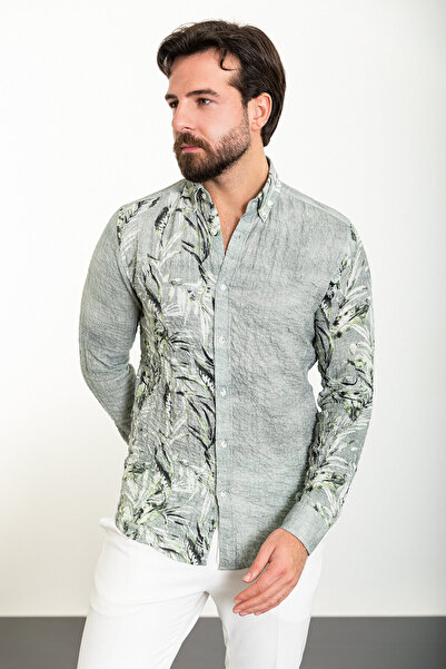 Mcr Ανδρικό πουκάμισο με μοτίβο φύλλων, μακρυμάνικο, χακί - 37886.24Y