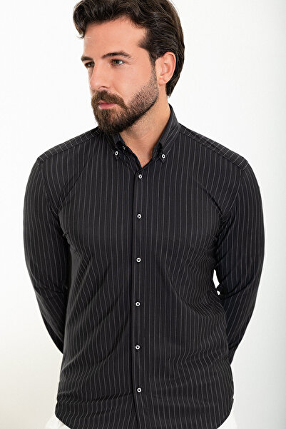 Mcr Ριγέ Slim Fit μακρυμάνικο ανδρικό πουκάμισο μαύρο - 37882.24Y