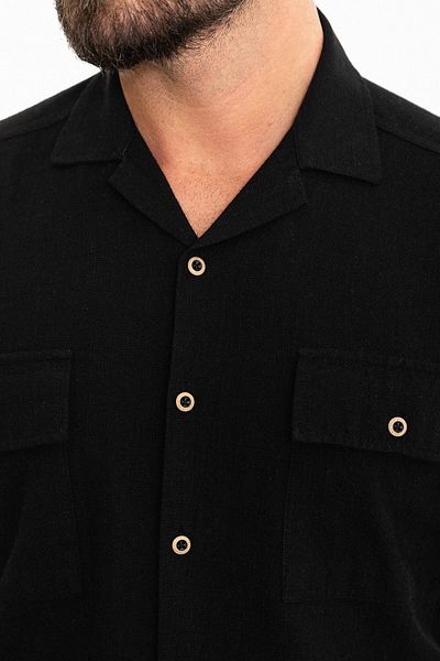 Mcr Plain Slim Fit Lapel Collar Short Sleeve Linen Men's Shirt Black - 37857.24Y