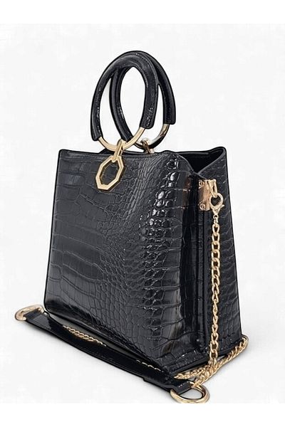 Evident Black Patent Leather Crocodile Ring Handled Chain Hand and Shoulder Women's Bag