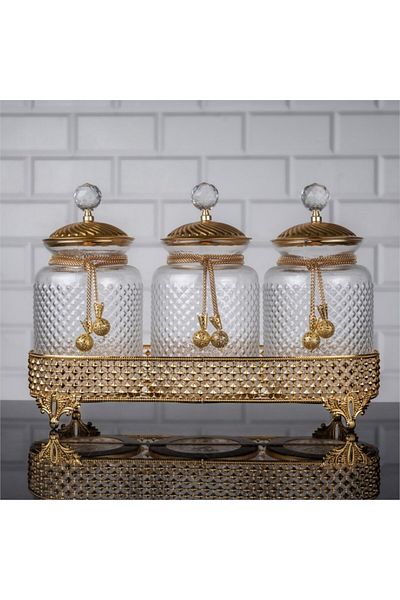 Hinora Pyramid Pattern 3-Piece Glass Spice Rack Stylish Kitchen Jar Set 38X14X28Cm