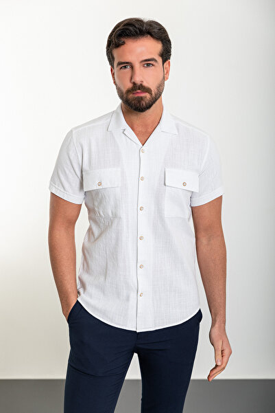 Mcr Прямий Slim Fit Апач Короткий рукав Льняна чоловіча сорочка Білий - 37857...