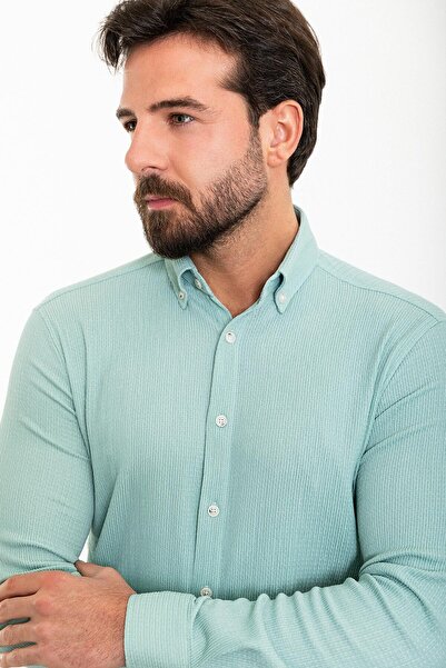 Mcr Ριγέ Slim Fit μακρυμάνικο ανδρικό πουκάμισο Seersucker Çağla - 37862.24Y