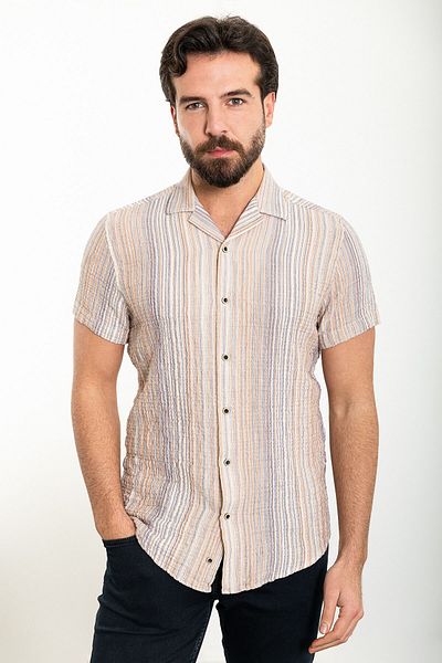 Mcr Striped Slim Fit Lapel Collar Short Sleeve Men's Shirt Beige - 37900.24Y