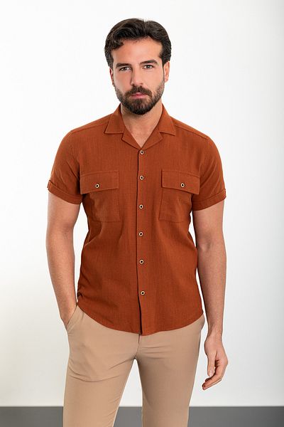 Mcr Plain Slim Fit Lapel Collar Short Sleeve Linen Men's Shirt Tile - 37857.24Y