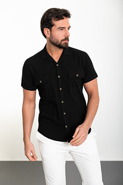 Mcr Straight Slim Fit Apache Collar Short Sleeve Linen Men's Shirt Black - 37857.24Y