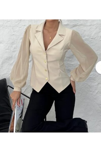 ZY BUTİK Bej Kruvaze Yaka Kollar Şifon Uzun Kollu Ceket Bluz