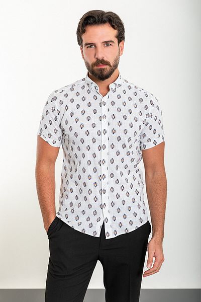 Mcr Patterned Slim Fit Short Sleeve 100% Cotton Men's Shirt White - 37867.24Y