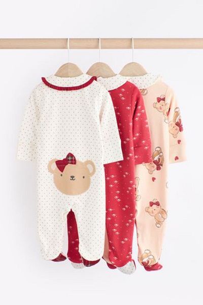 Next Baby 100% Cotton White Red Teddy Bear Print 3-Piece Jumpsuit Set