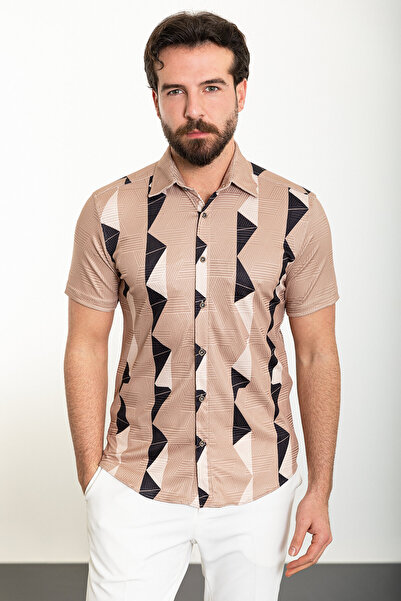 Mcr Смугаста чоловіча сорочка Slim Fit з короткими рукавами, бежева - 37898.24Y