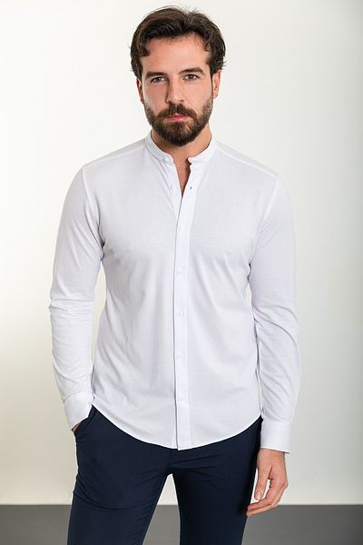 Mcr Plain White Slim Fit High Collar Long Sleeve Men's Shirt