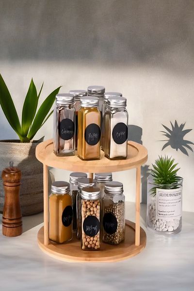 Open Home Concept 360 °   Rotating Bamboo 2-Tier Spice Holder Organizer, Presentation Holder, Organizer, Tiered Stand