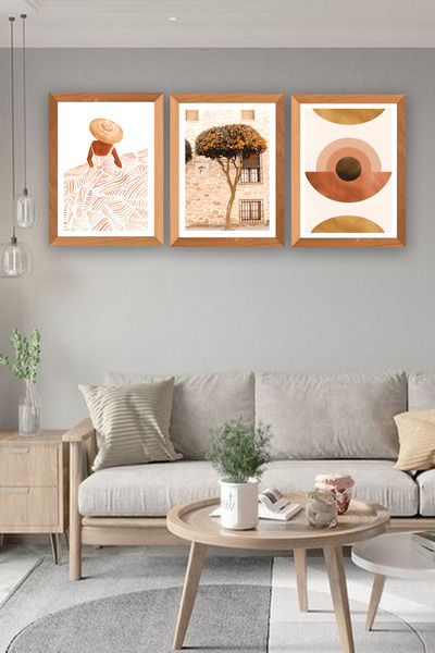 no77decor 3 Parça Modern Kadın ve Ağaç Temalı Ahşap Çerçeve Görünümlü Tablo Seti