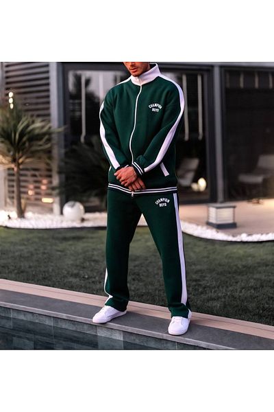 bergibo Oversize Zippered Tracksuit Set - Bottom Top Double Tracksuit Set - 3 Yarn 100% Compact Combed Tracksuit