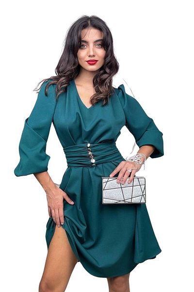 ZISHAN Rochie elegantă pentru femei, cu mâneci tip balon, cu guler degajat, cu detaliu de curea cu nasturi 1003