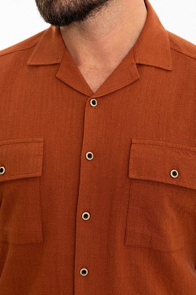 Mcr Plain Slim Fit Lapel Collar Short Sleeve Linen Men's Shirt Tile - 37857.24Y