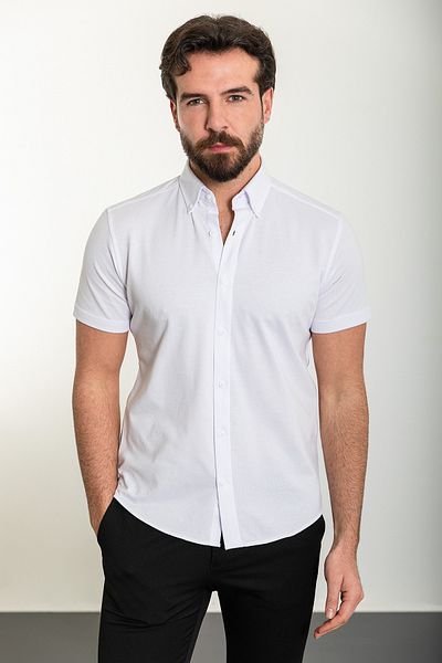 Mcr Plain White Slim Fit Short Sleeve Men's Shirt