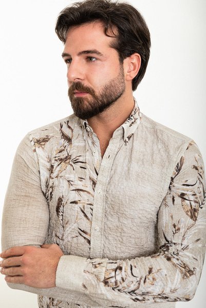 Mcr Cămașă pentru bărbați cu mânecă lungă, cu model de frunze, slim fit, din seersucker, bej - 37886.24Y