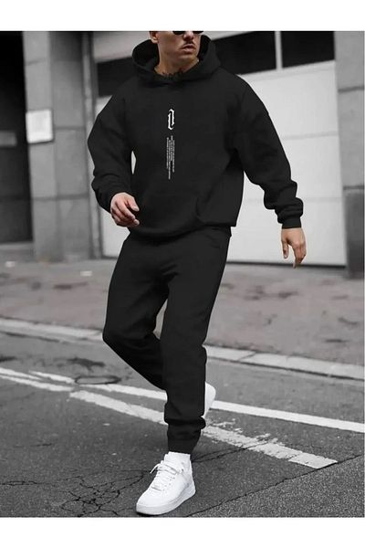 Elfa Tekstil Комплект черен анцуг Jogger - качулка, суитшърт Vertical Symbol и спортни панталони