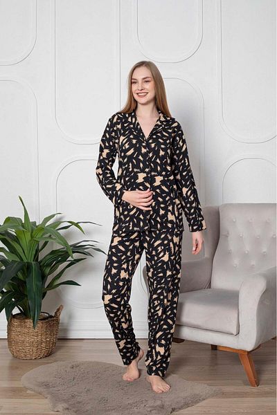 Free Beka Set de pijamale cu mânecă lungă, neagră, cu nasturi în față, din bumbac imprimat cu răsucire și țesătură confortabilă