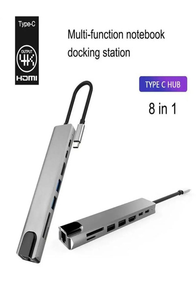 Genel Markalar 8in1 HUB Macbook Uyumlu Type-C™ To 4K HDMI Tv Projeksiyon Ethernet Çevirici Hub Adaptör