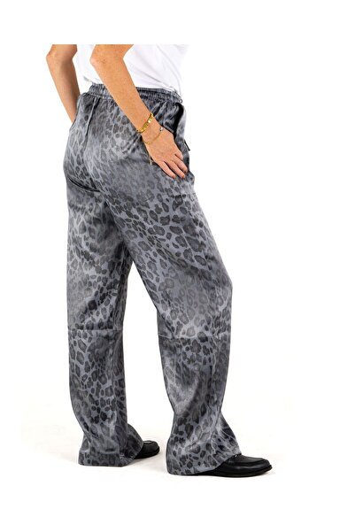 Portakal Esintisi Shiny Fabric Leopard Patterned Women's Trousers with Elastic Waist