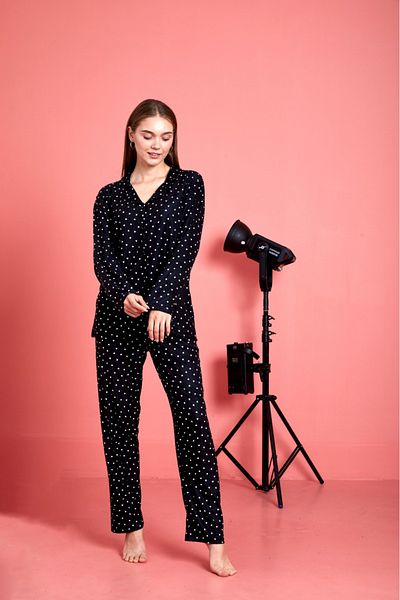 Free Beka Women's Buttoned Front Long Sleeve Pajamas Set Black Heart Patterned Warm Comfortable and Cotton Fabric