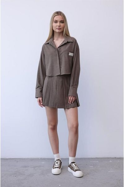 Butik Merrline Women's Coffee Color Skirted Shorts and Shirt Set
