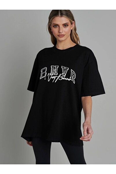 donamod Ženske crne BHVR Štampano Oversize kroj T-shirt