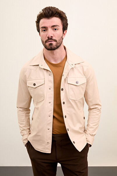 Mcr Прямий Slim Fit сорочка з коміром Штучна шкіра Чоловічий пальто Бежевий -...