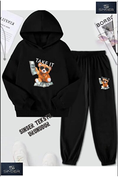 SİNSER TEKS Set de trening cu glugă pentru copii AYICIK TAKE IT imprimat