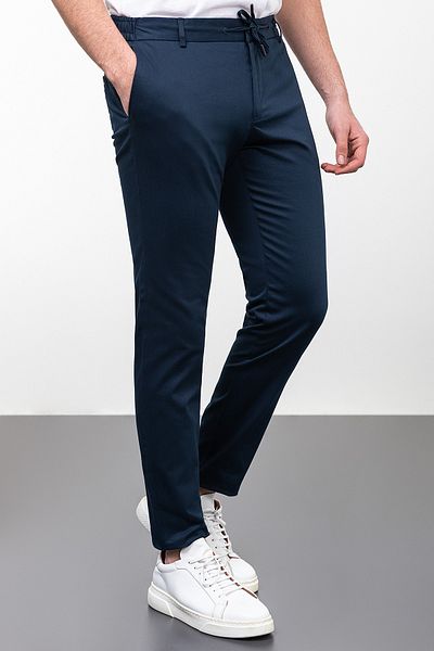 Mcr Straight Super Slim Fit Elastic Waist Drawstring Cotton Men's Trousers Navy Blue - 38178.23Y