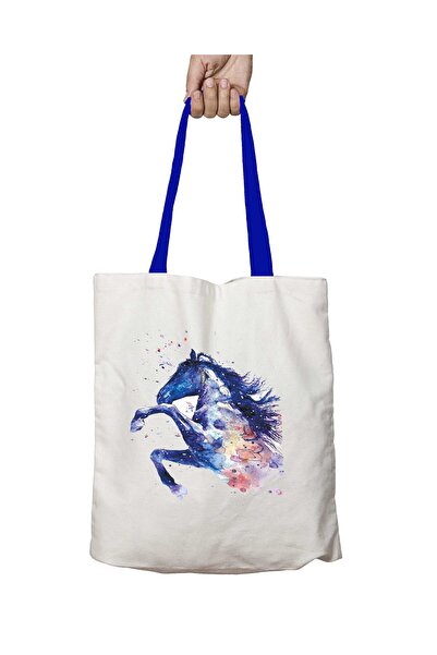 ART HEDİYE Blue Handle Horse Horse Washable Shoulder Bag