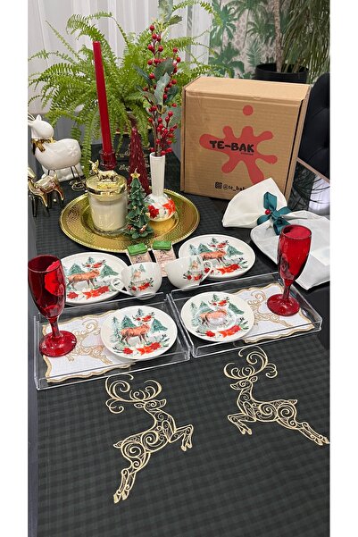 TEBAK COLLECTION TEBAK YENİYIL GEYİKLİ MODEL KAHVE SUNUM SETİ FİNCAN HEDİYE P...