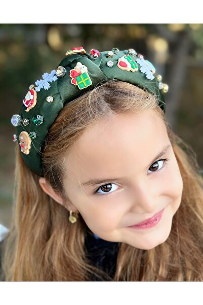 QUEEN AKSESUAR Lüks tasarım yeni yıl yılbaşı Noel taşlı çam ağacı süslü saten düğümlü taç yeşil kadın çocuk tacı