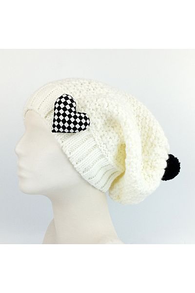 woodycord White Black Long Knitwear Beret - Heart Design