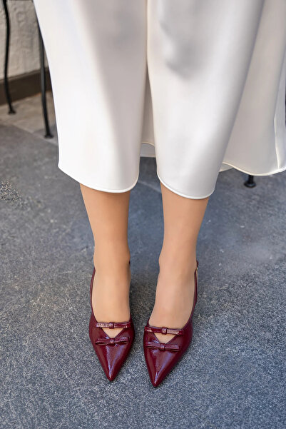 LAMİNTA Maritza Burgundy Bow Detailed Buckle Belt Tied Women's Heeled Shoes