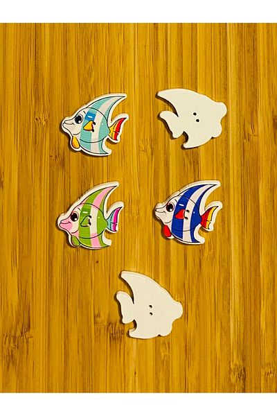 Kartopu Decorative Painted Wooden Fish Ornament Button 30 X 35 Mm. Pack of 5. Colorful.