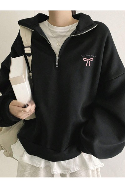 OVER HEAD Hanorac de damă cu panglică neagră cu jumătate de fermoar cu guler ...