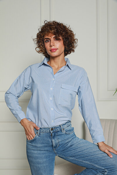 Butik Mavi Çizgili Dokuma Gömlek 1500063