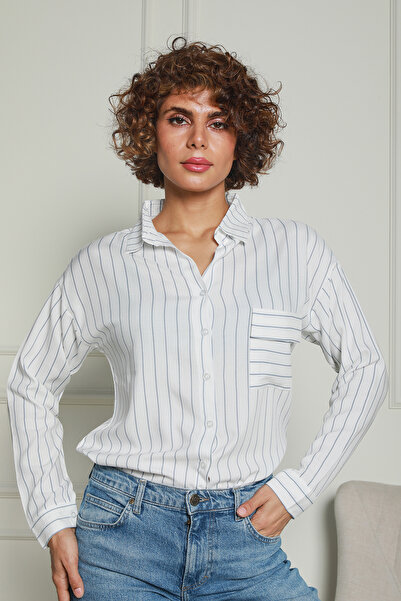 Butik Gri Çizgili Viskon Gömlek 1500062