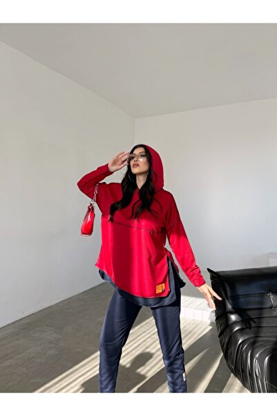 JANES Kadın Kırmızı Kapşonlu Etek Ucu Detay Arma Ters Dikiş Gorunumlu Ikili T...