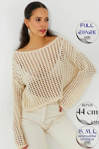KaSheHa Stone Spanish Sleeve Wide Collar Openwork Loose Hollowed Out Crop Knitwear Blouse 44 cm