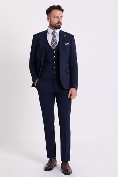 Mcr Straight Slim Fit Mono Collar Classic Men's Suit Navy Blue - 40761.21Y