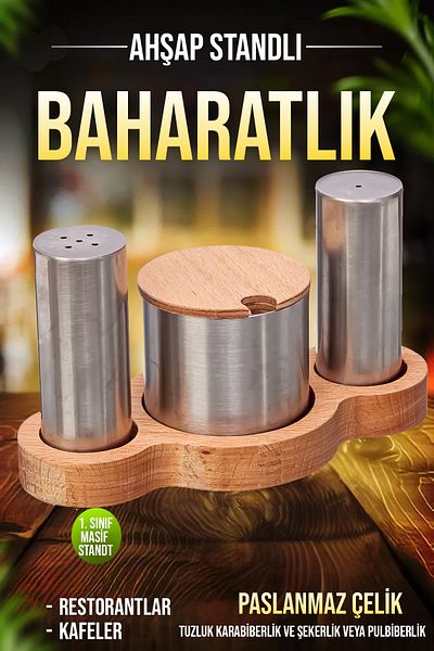 FİTHOME Salt Shaker with Stainless Steel Wooden Stand Sugar Bowl and Pepper Shaker Set Cafe Restorant Seasoning Rack Set