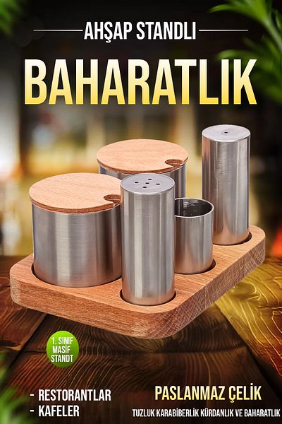 FİTHOME Set of 5 Stainless Steel Spice Rack and Sugar Bowl with Wooden Stand Cafe Restorant