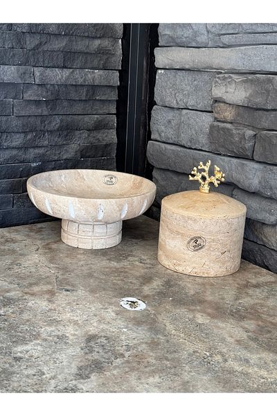 Polen Stone Travertine Decorative Box and Footed Bowl Set of 2